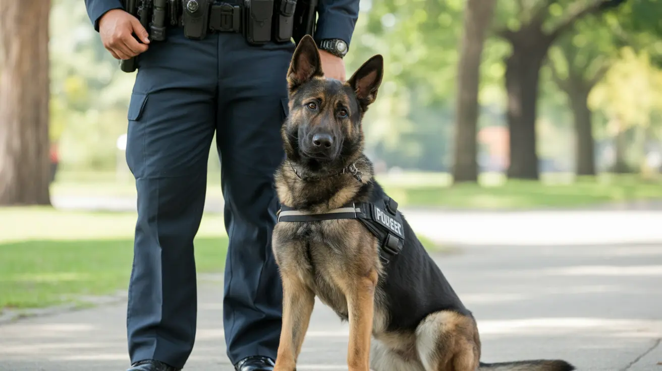 Police dog on patrol with handler in law enforcement uniform