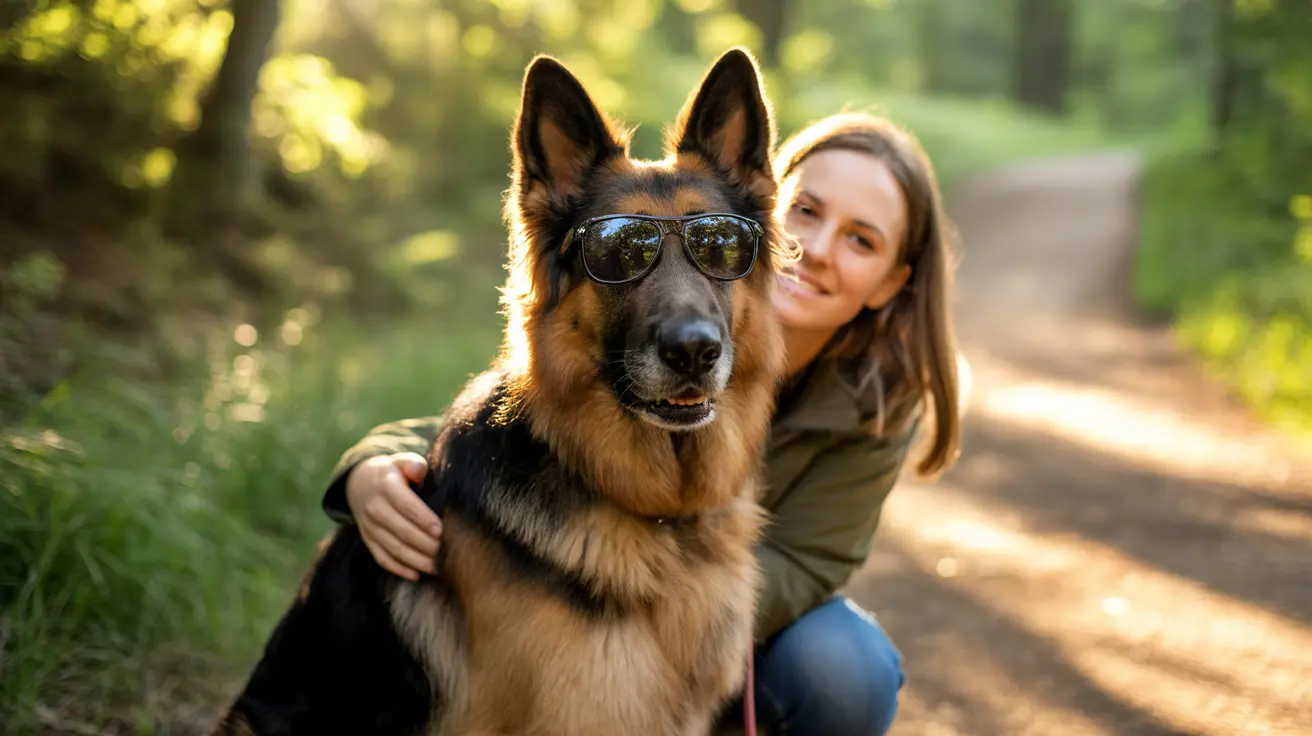 サングラスをかけたジャーマン・シェパードが笑顔の仲間と一緒に森の小道で座っている様子