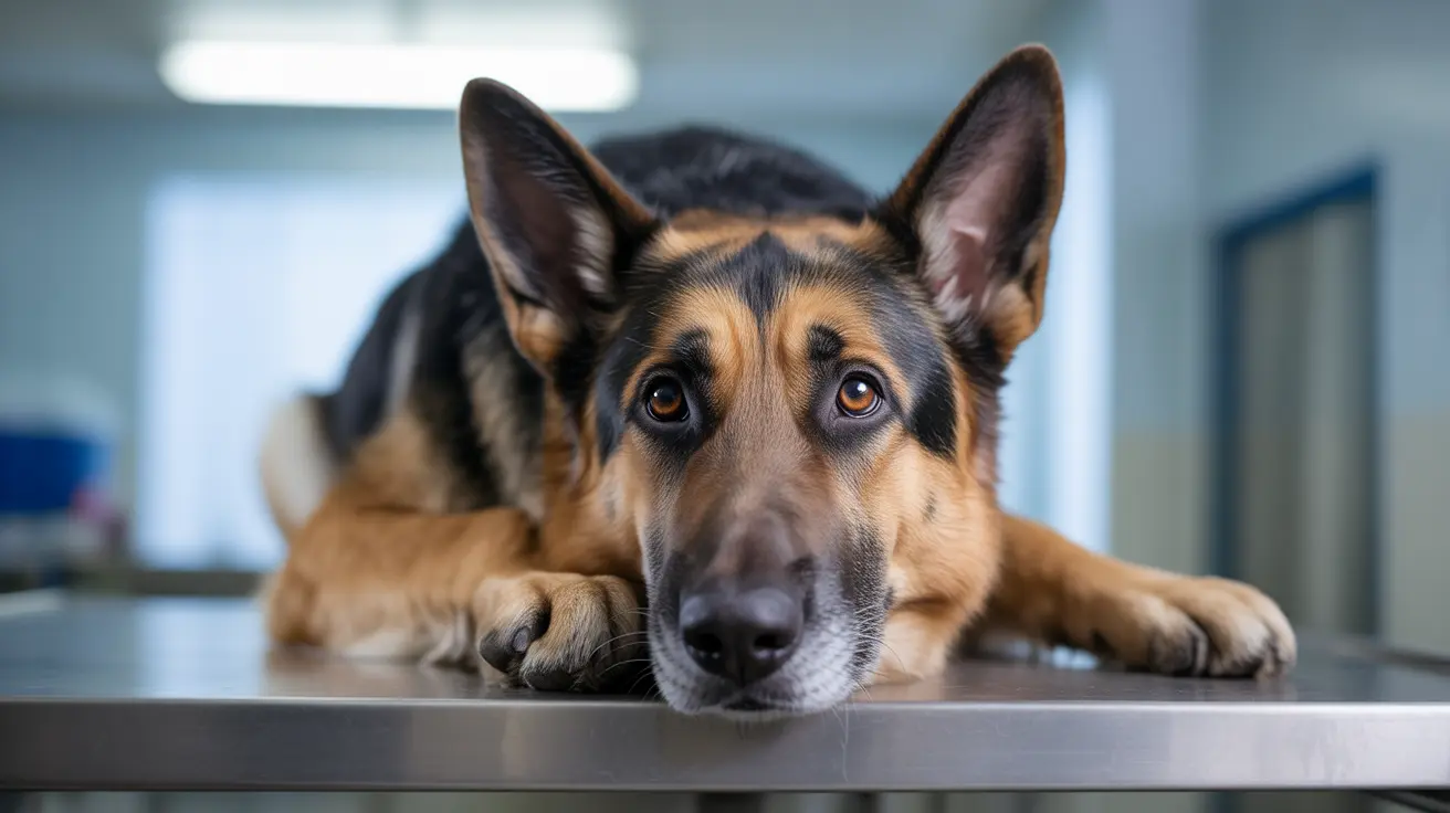 A German Shepherd dog on an examination table in a veterinary clinic with a pensive expression