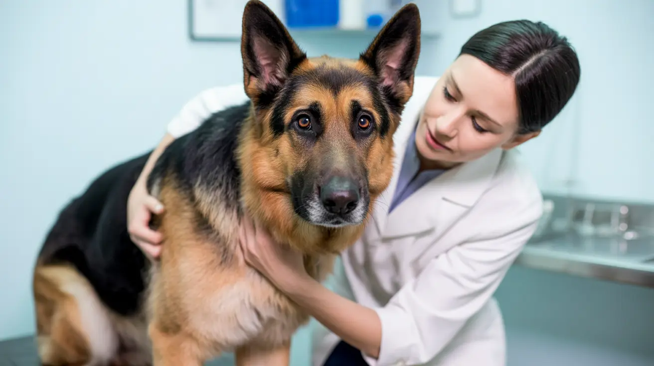 A German Shepherd dog receiving a veterinary examination in a clinical setting