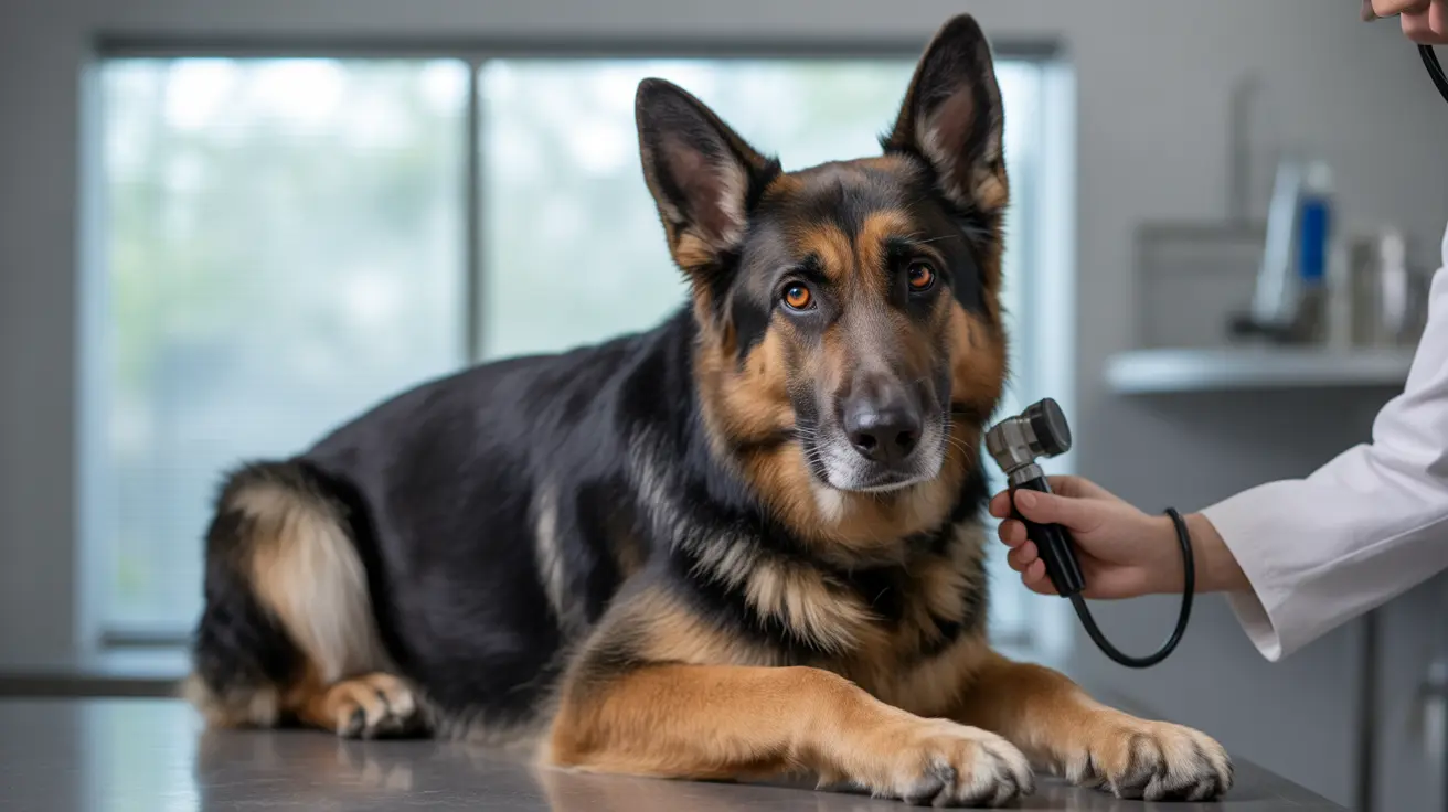 German Shepherd receiving a veterinary examination on a clinical table