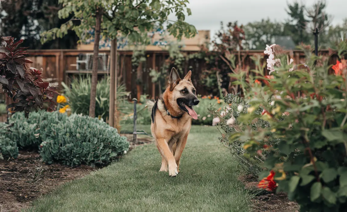 A German Shepherd Lab mix eagerly runs through a sun-dappled garden, its tail wagging with each stride.