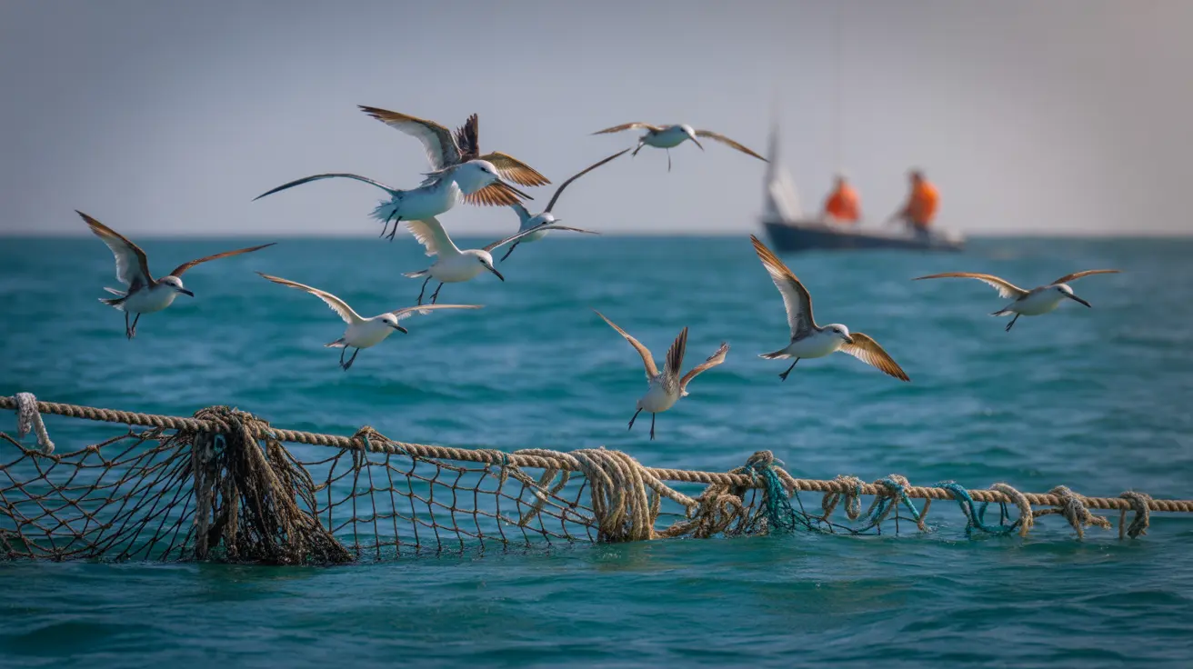 ターコイズ色の海水の中で釣り網の周りを飛んだり潜ったりしている複数のカモメと遠くに見えるボート