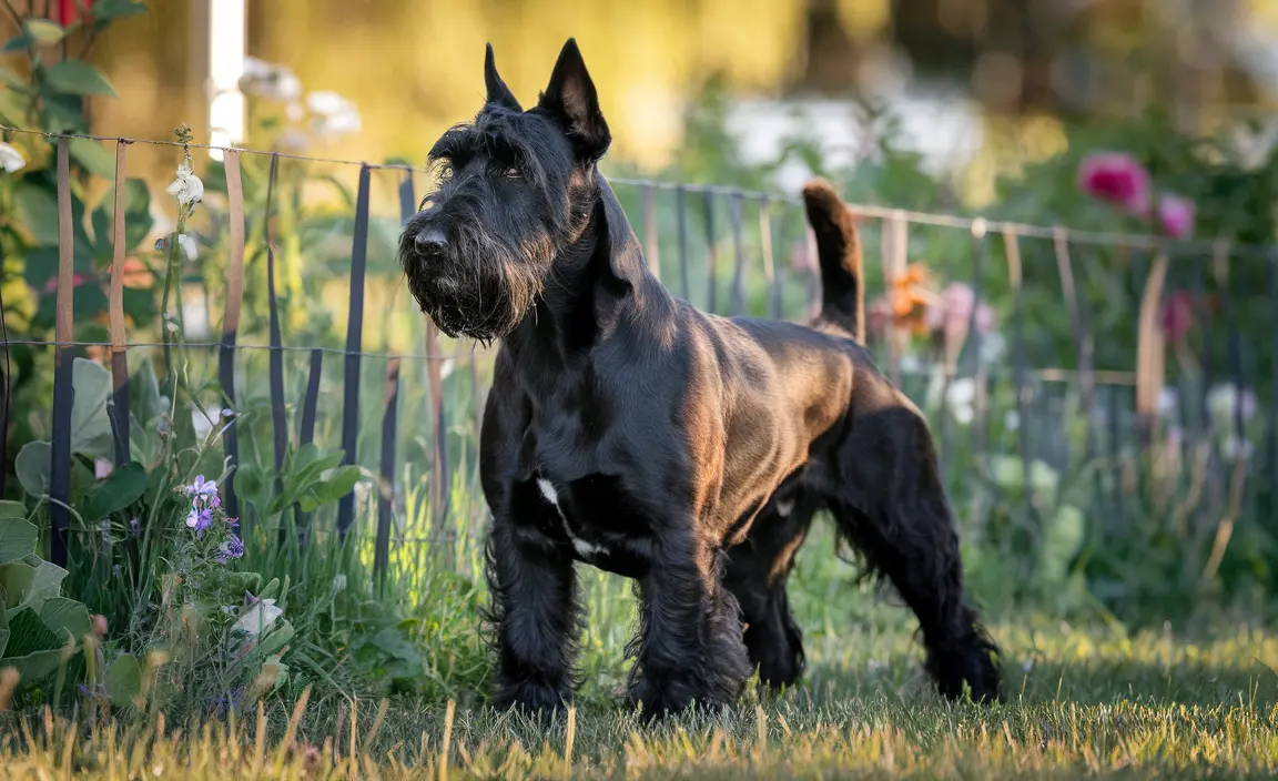 A majestic Black Russian Terrier stands vigilantly beside a garden fence, its thick, all-black coat gleaming under the golden afternoon sunlight.