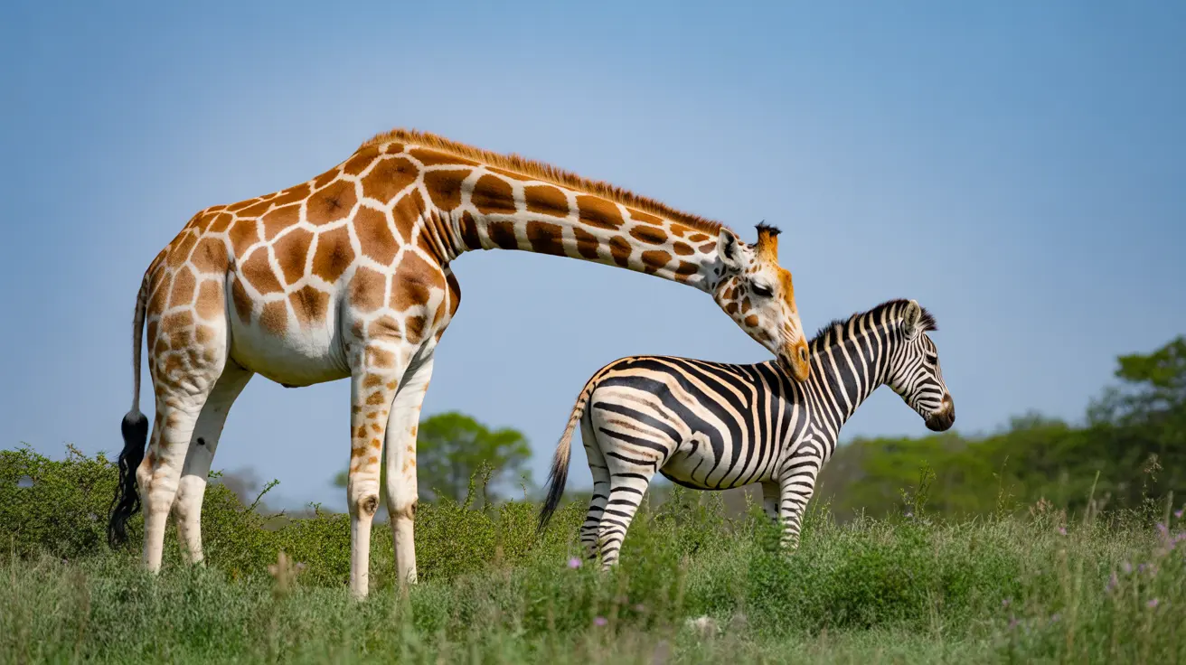 Zebra and giraffe standing closely together at Wild Adventures Theme Park habitat