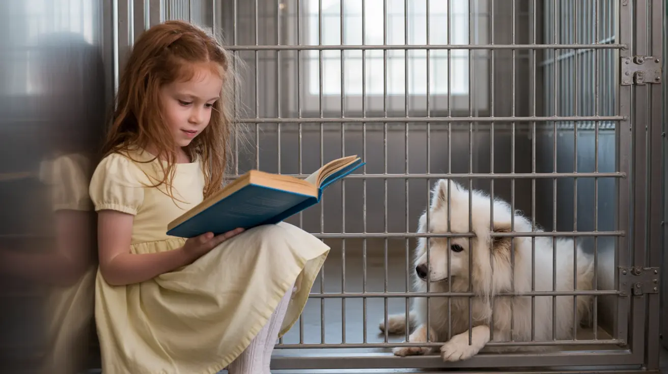 Volunteer reading a bedtime story aloud to a shelter dog in Denver Animal Shelter