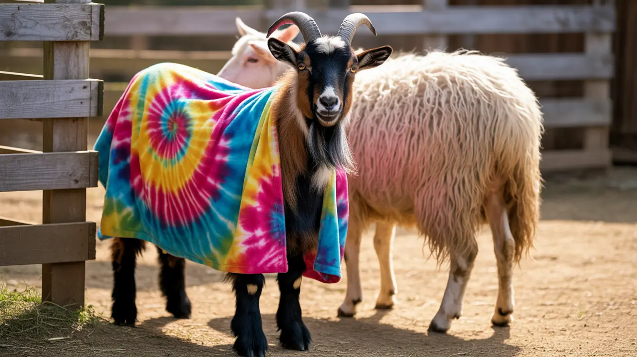 カラフルなタイダイの毛布をかけられたヤギが農場の囲いの中でヒツジの隣に立っている様子