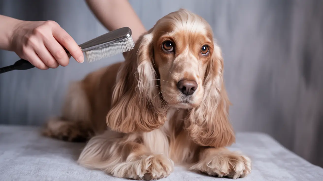 A golden-colored Cocker Spaniel being groomed with a metal brush, sitting calmly on a light gray surface.