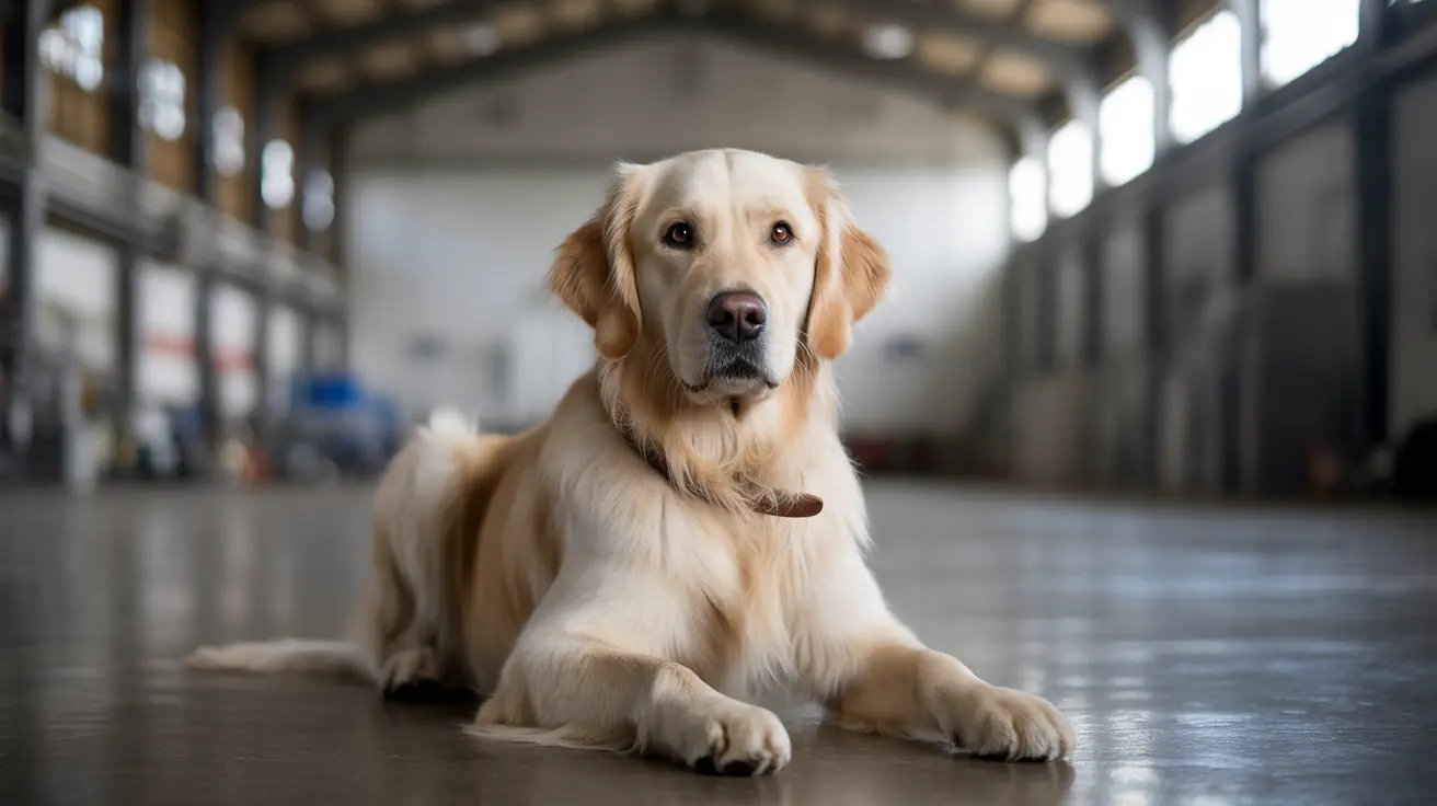 Un Golden Retriever allongé sur un sol poli dans un bâtiment industriel ou un entrepôt