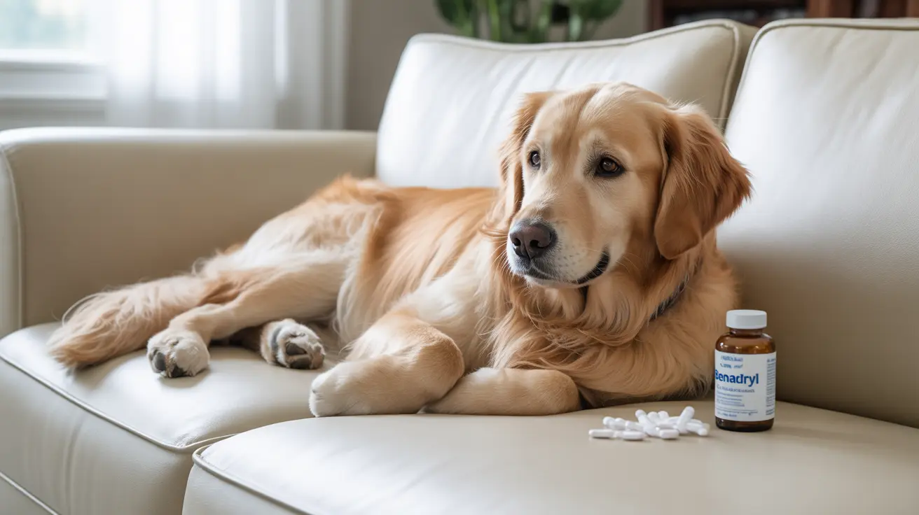 ゴールデン・レトリーバーが白いソファで休んでおり、近くに薬のボトルと錠剤が置かれている様子