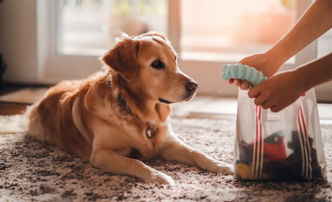 Golden Retriever watching its owner select a new chew toy amidst warm sunlight.