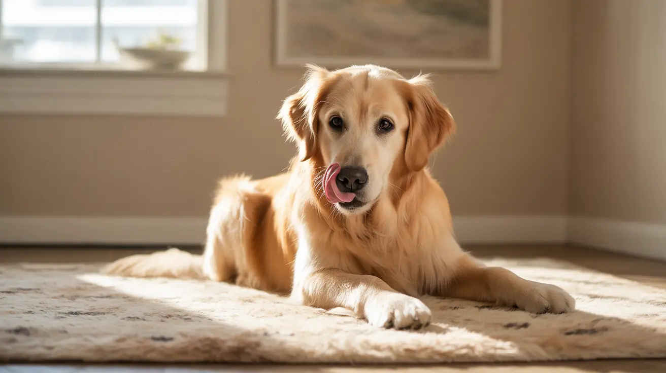 A Golden Retriever licking its paw on a rug as sunlight streams in