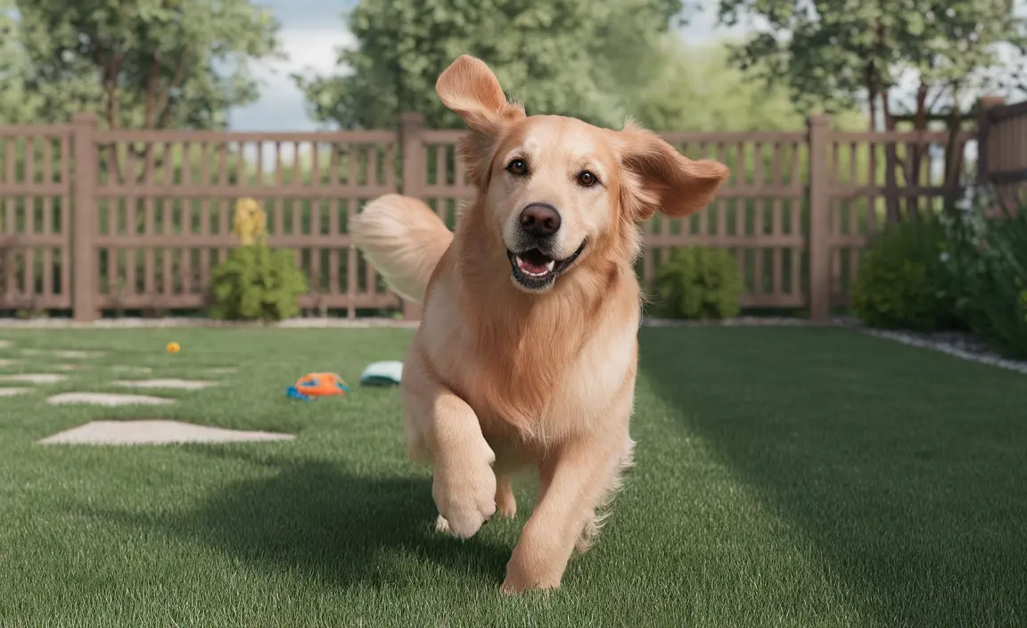 Un golden retriever joue joyeusement dans le jardin, ses oreilles battant alors qu'il court après un jouet.