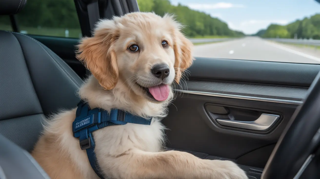 A happy dog secured safely inside a car with a seat belt harness