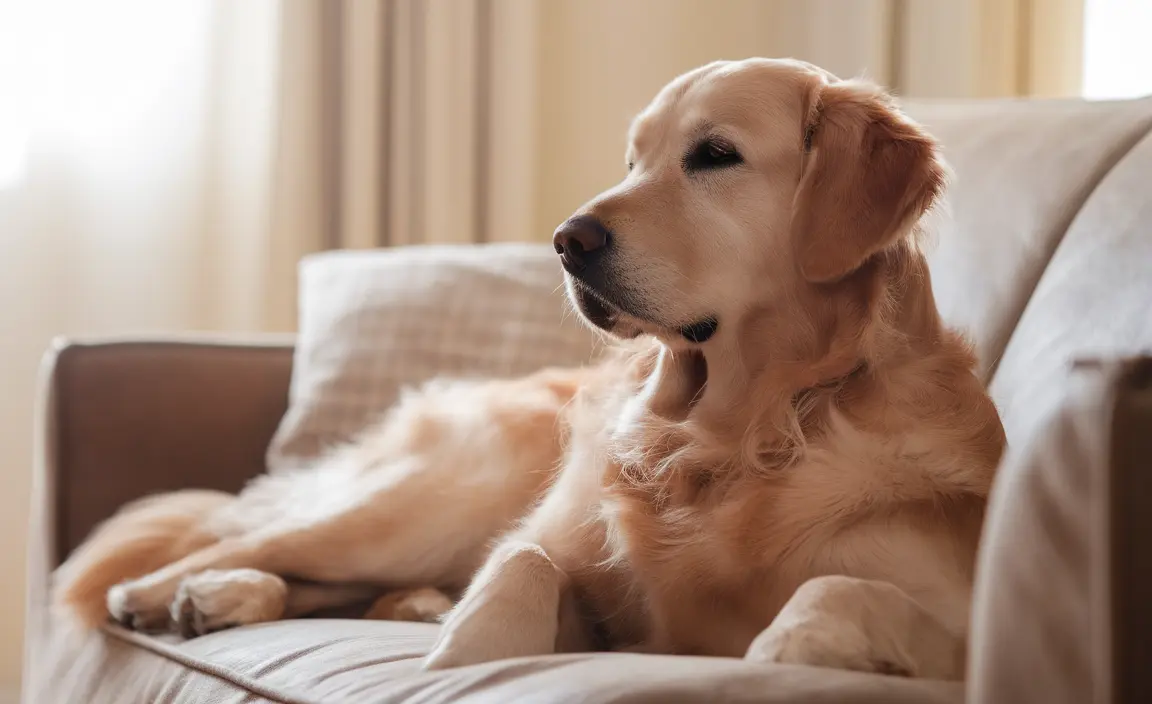 A golden retriever relaxes peacefully in a cozy living room, looking calm and content.