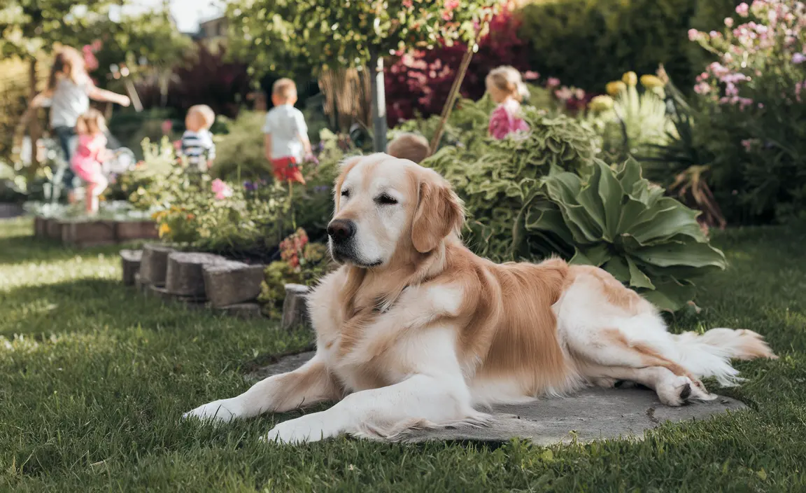 A gentle Golden Retriever rests on a sunlit patch of grass, watching the garden.