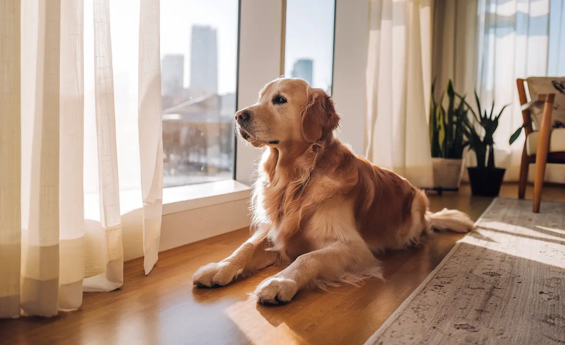 Golden Retriever by a window with soulful eyes and sunlight highlighting its fur
