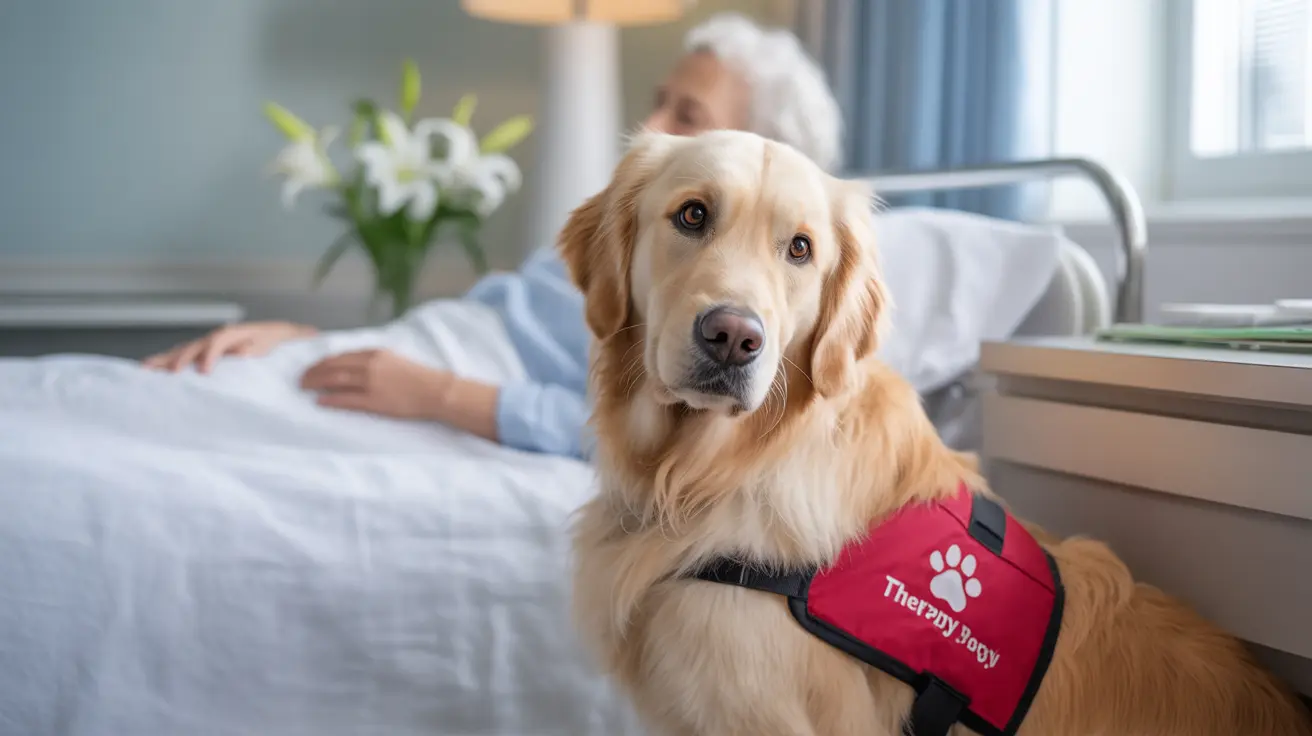 赤いセラピードッグのベストを着たゴールデンレトリバーが、高齢患者のいる病院のベッドのそばで注意深く座っている様子