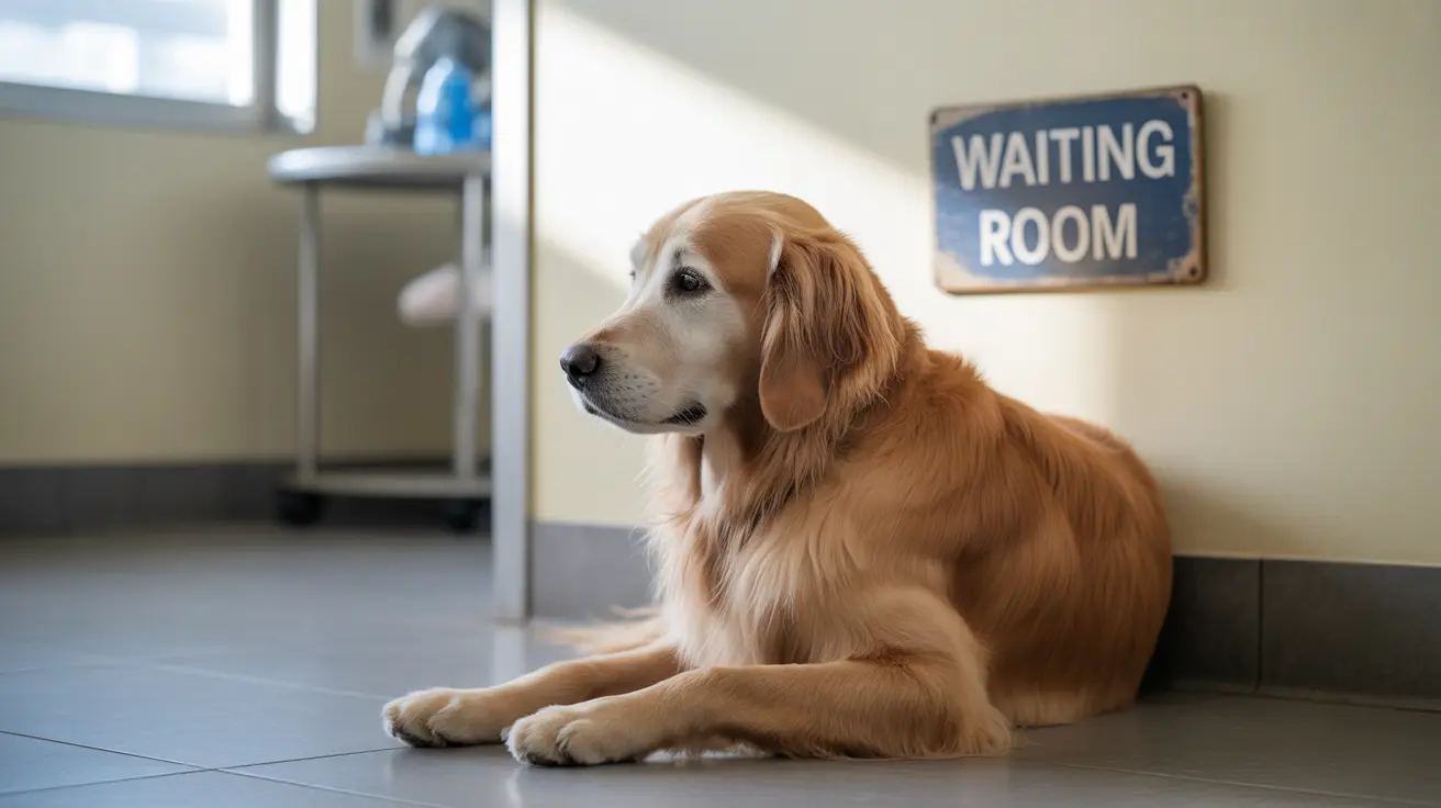 A Golden Retriever sits on the vet clinic's tile floor with one eye gently closed.