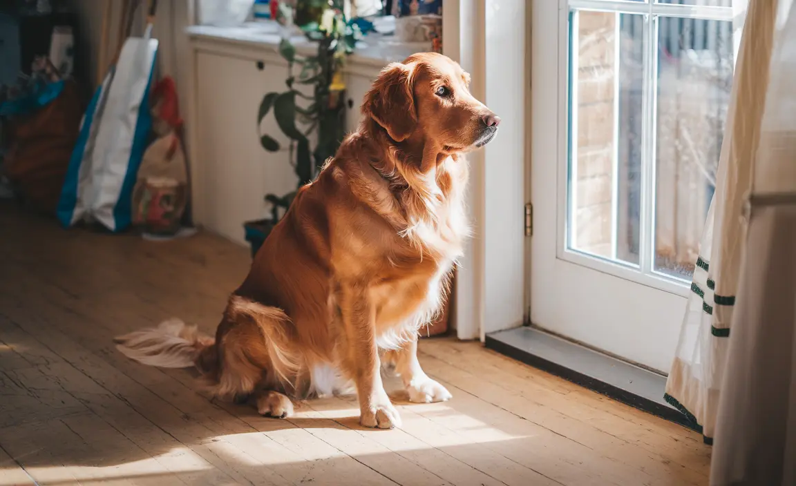 A Golden Retriever sitting by the kitchen door, with its shiny coat gleaming in the sunlight