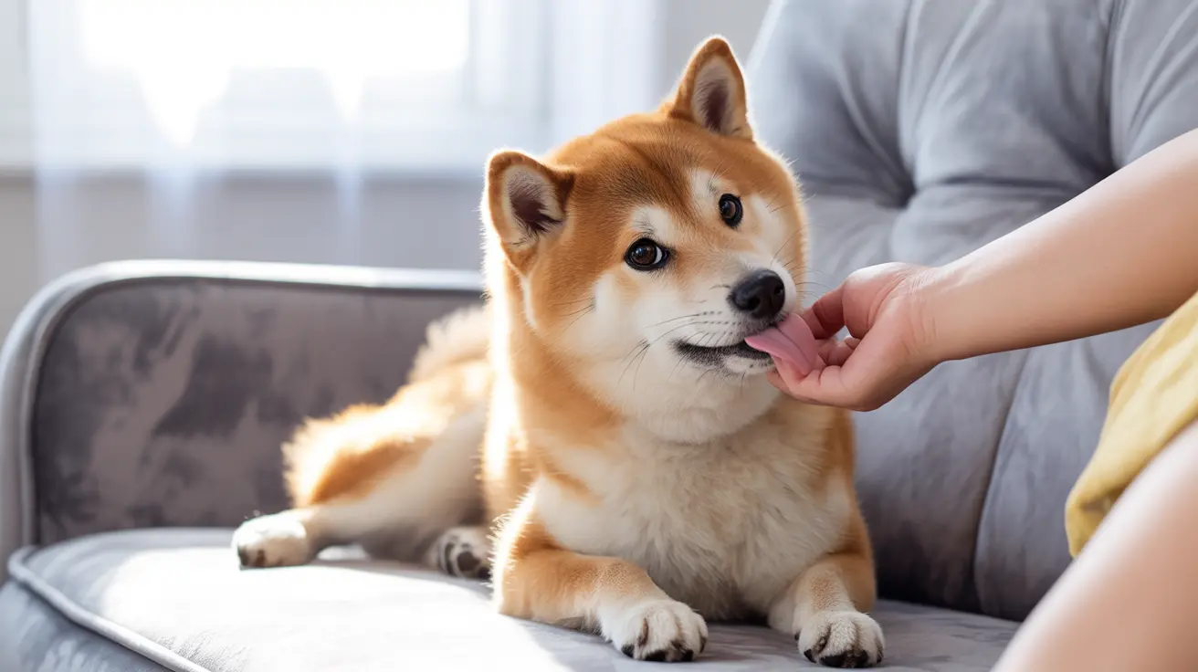 A golden-colored Shiba Inu sitting comfortably on a gray couch, receiving gentle affection from a hand.