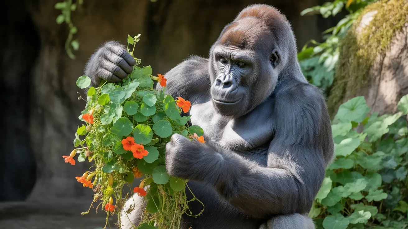 Gorilla Pablo at Boston Franklin Park Zoo playing with nasturtium vines donated from Isabella Stewart Gardner Museum garden