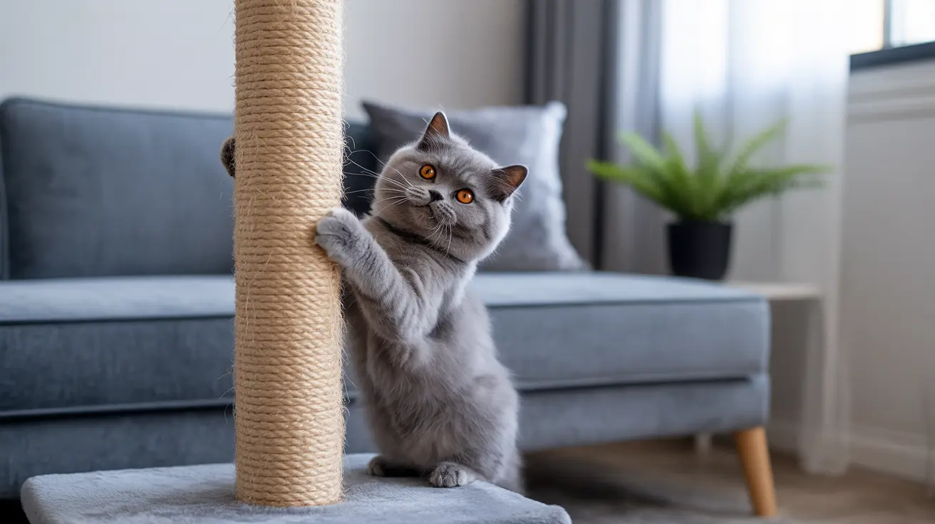 A gray British Shorthair cat stretching its paw against a scratching post on a cat tree