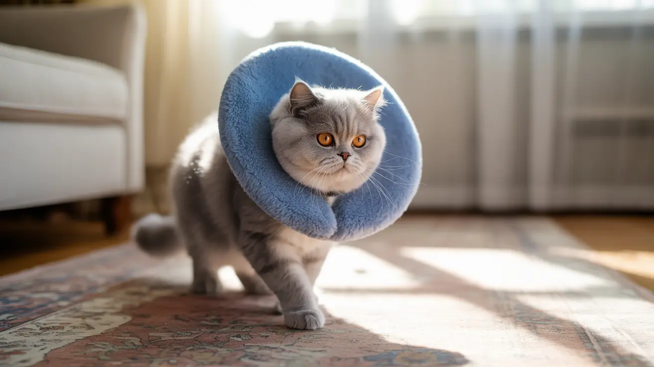 A fluffy British Shorthair cat with a soft E-collar in a sunny living room