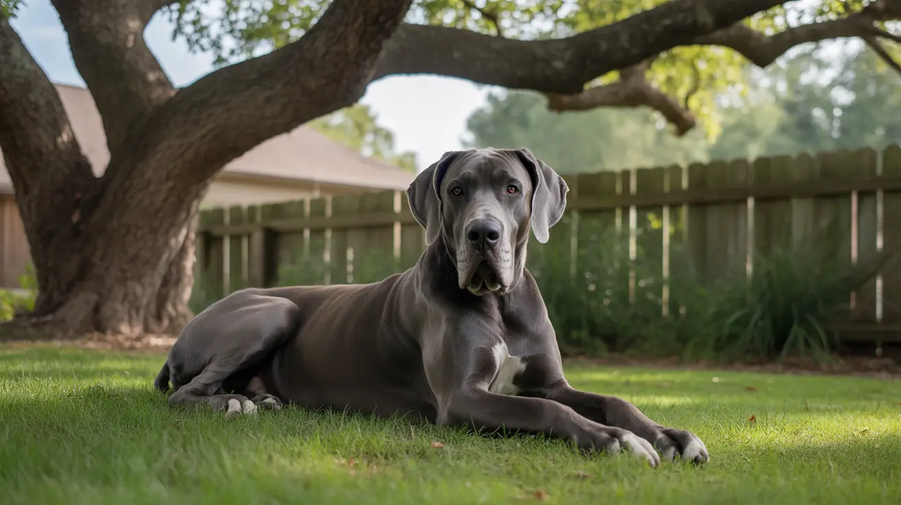 A majestic gray Great Dane lying calmly on green grass in a backyard setting