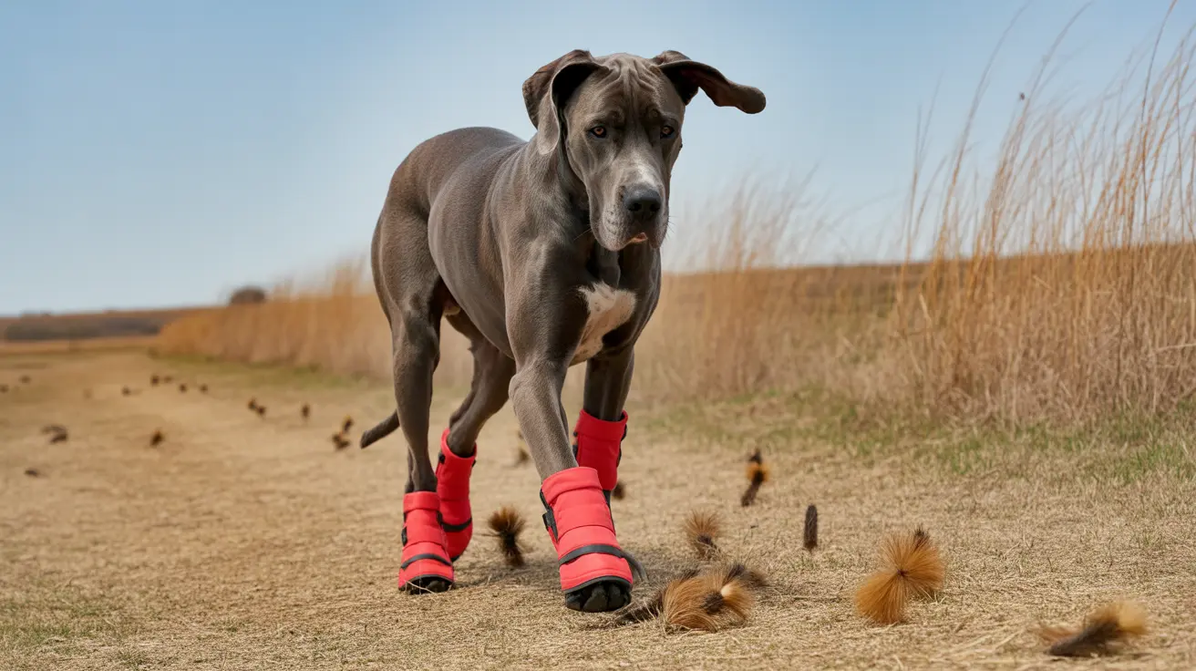 A gray Great Dane wearing bright red protective boots walking across a dry, grassy field