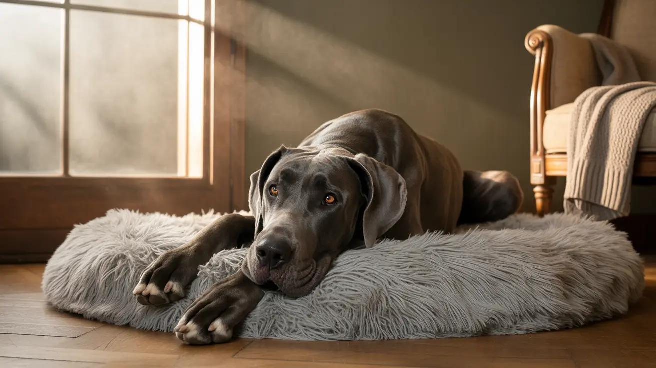 大きなグレーのグレート・デーンが明るい窓のそばのふわふわしたグレーの犬用ベッドで穏やかに休んでいる様子