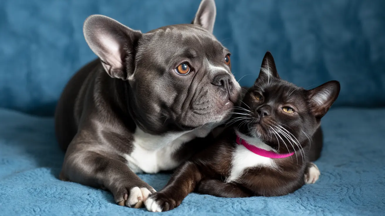 Three legged French bulldog mix and black cat bonding during recovery in a Maryland hospital