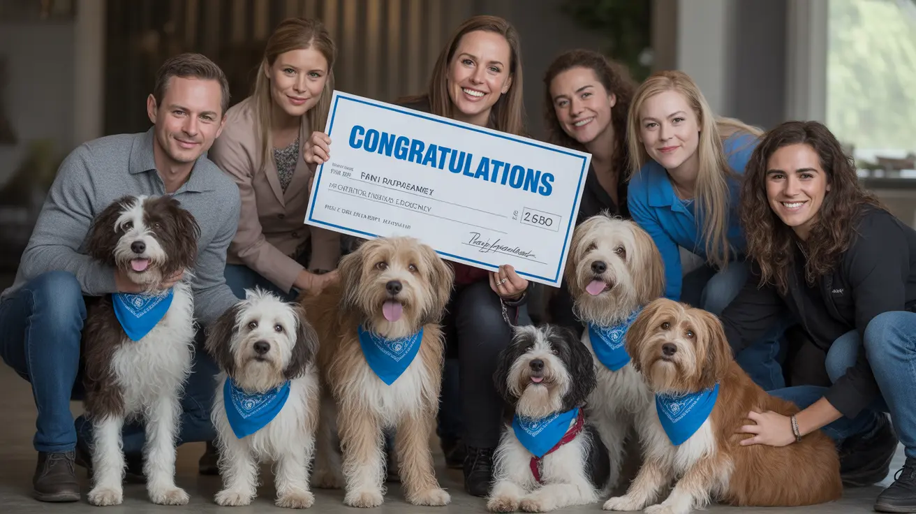 Seis personas posan con seis perros pequeños con pañuelos azules mientras sostienen un certificado de felicitaciones