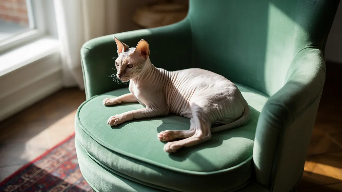 Sphynx cat in sunlight showing hidden tabby markings on velvet armchair