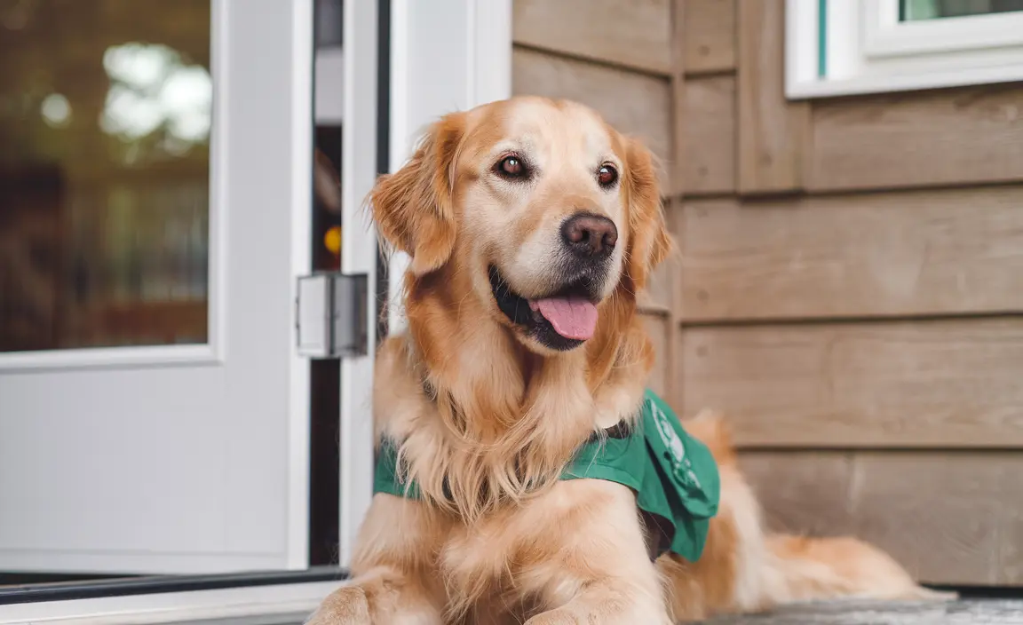 A Golden Retriever eagerly sits by the back door, its eyes gleaming with anticipation as it awaits a yogurt treat.