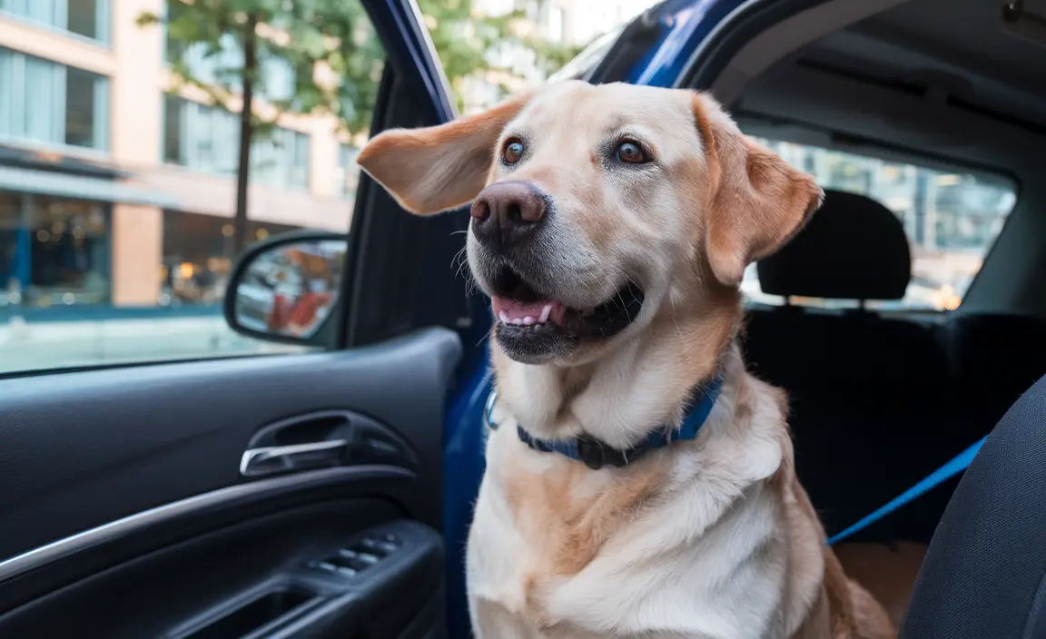 Joyful Labrador Retriever in backseat with head out the window, ears flapping