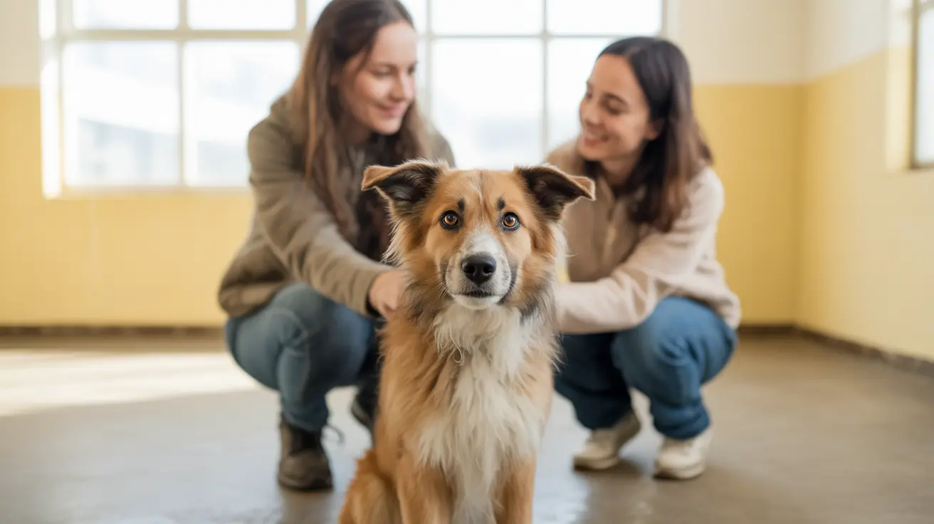 明るい屋内で二人の女性が膝をつき、落ち着いた表情のオーストラリアン・シェパード犬が座っている様子