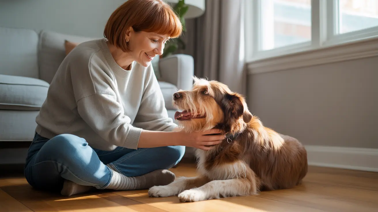 Shelter dog enjoying a walk outdoors with a volunteer in a sunny park