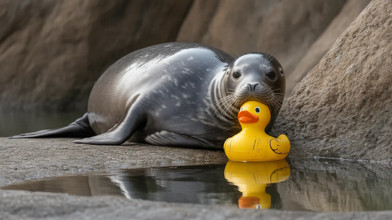 Uma foca descansando em degraus de concreto ao lado de um brinquedo de pato de borracha amarelo próximo a uma superfície de água refletiva