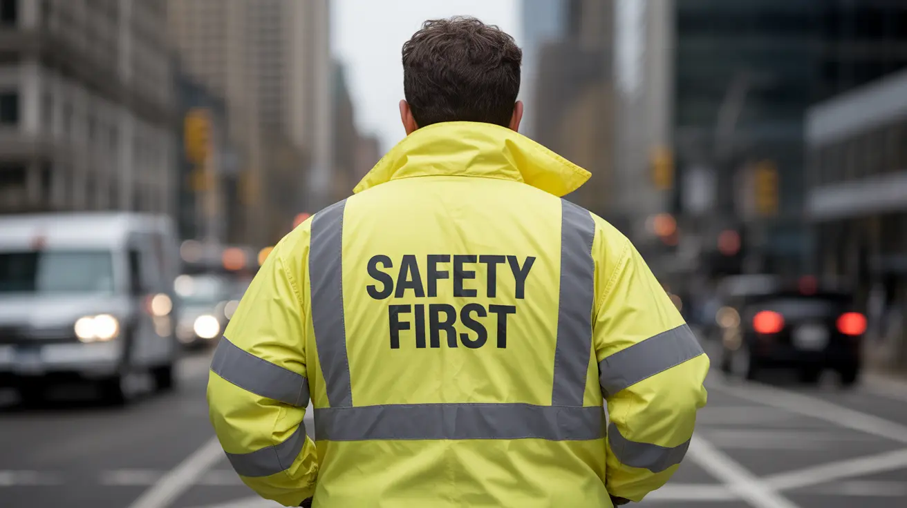 Safety professional wearing a high-visibility yellow jacket with 'SAFETY FIRST' on the back standing on a city street