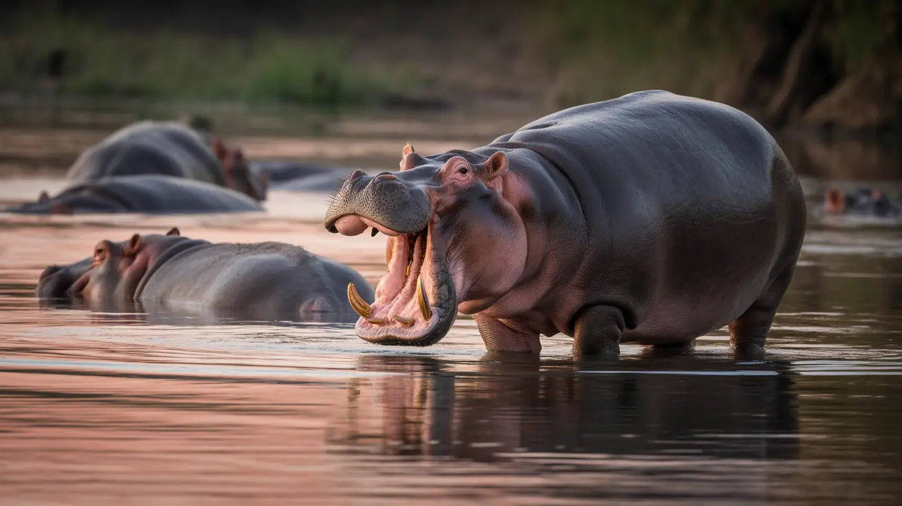 A mighty hippopotamus standing in a river facing potential predators