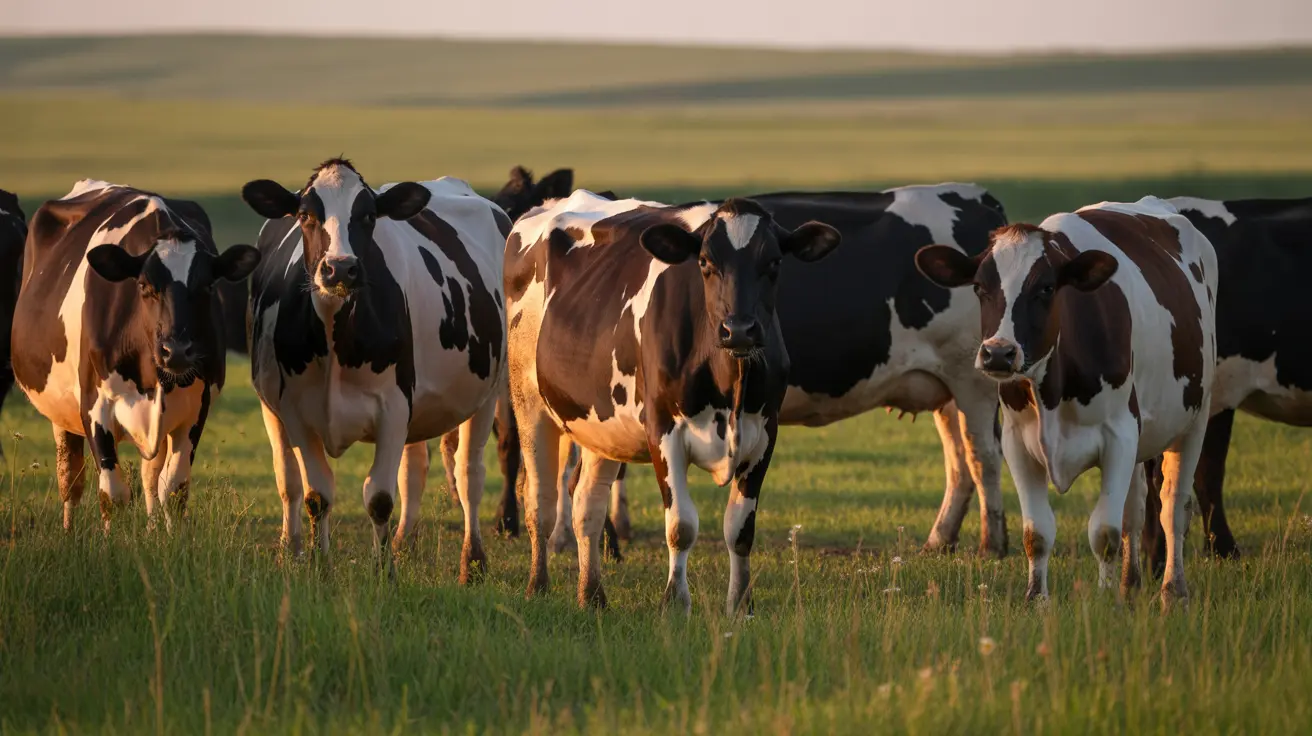 Un grupo de vacas lecheras Holstein juntas en un pasto verde durante la iluminación dorada del atardecer