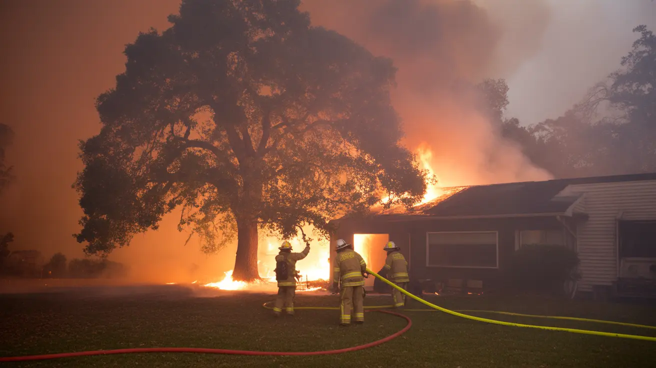 Firefighters assisting a family with pets during a house fire emergency