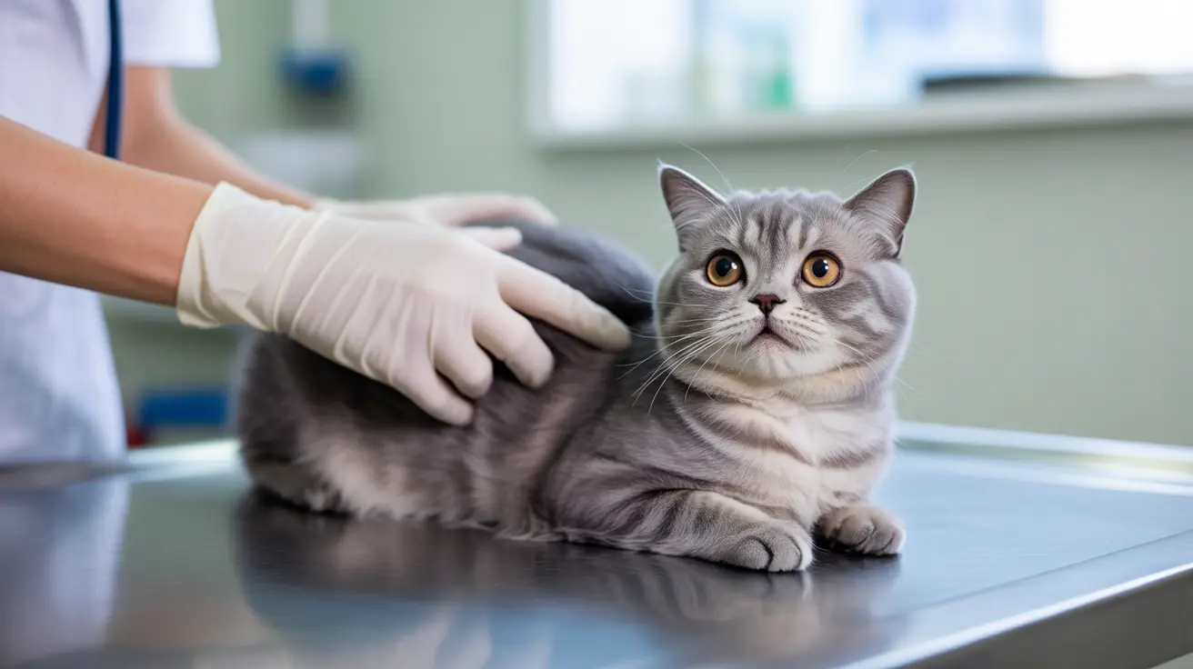 A gray and white striped cat receiving a veterinary examination on a medical table