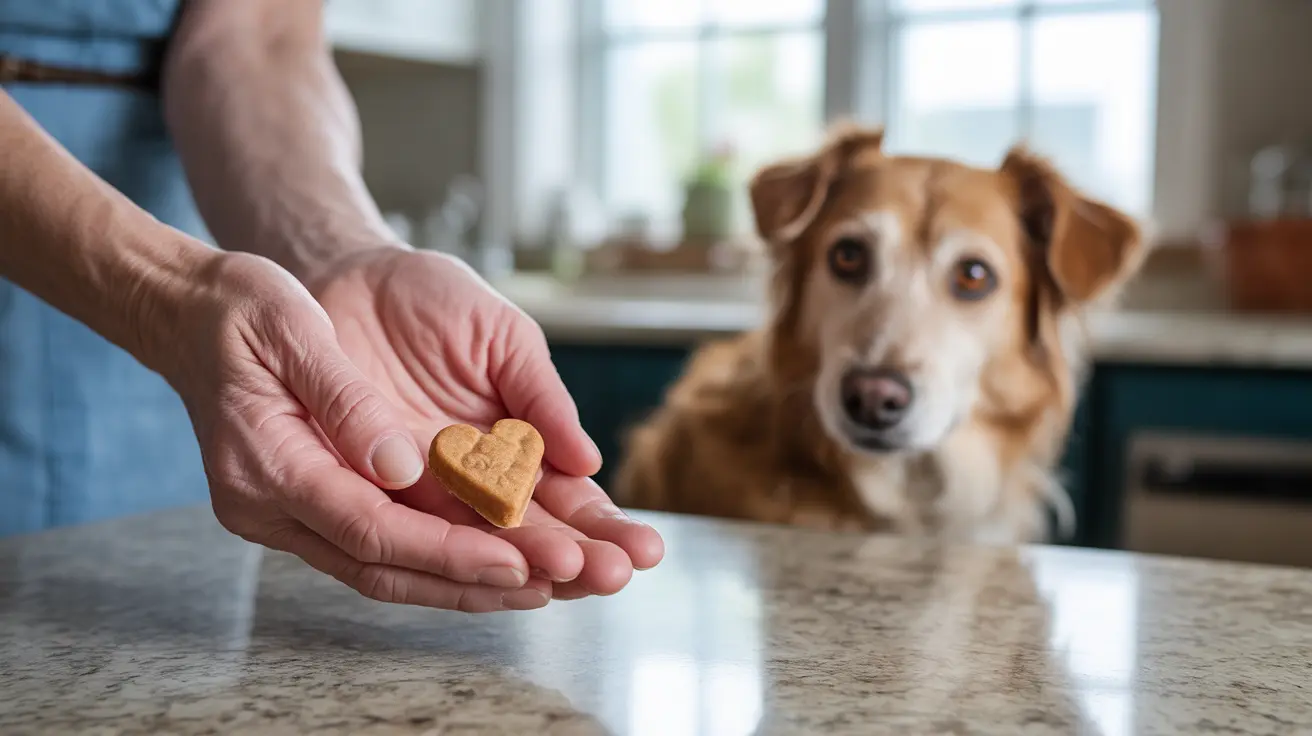 Una persona sostiene un premio para perros en forma de corazón en la palma de su mano mientras un perro marrón y blanco observa atentamente desde el otro lado de la encimera de la cocina.