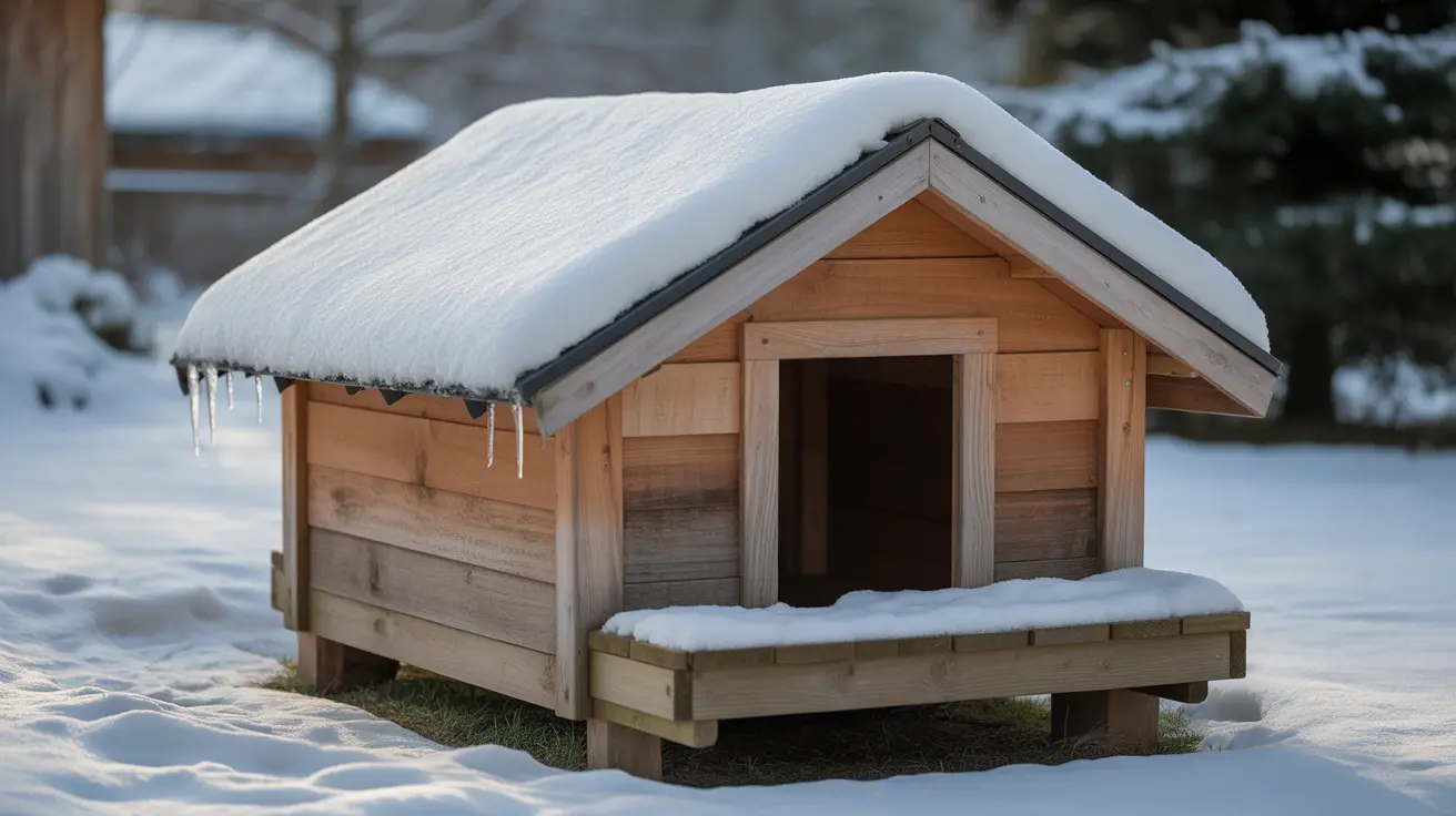 Outdoor dog in insulated winter shelter with dry bedding