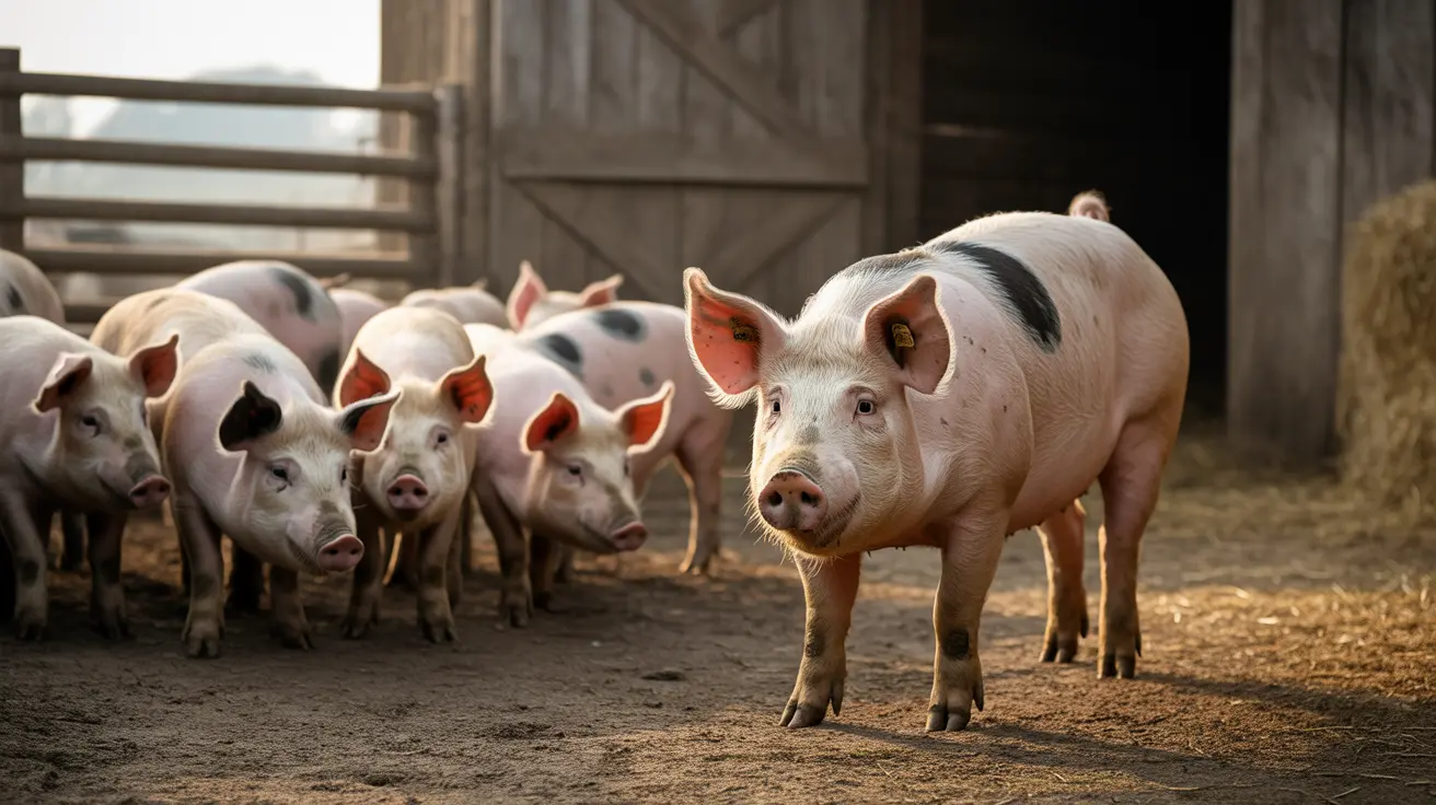 木造の納屋の建物を背景に、農場の庭に立つピンクと白の豚の群れの様子