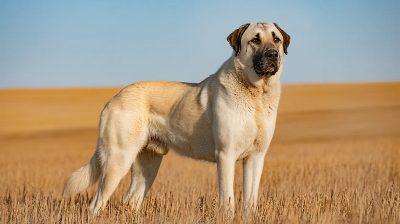 A majestic Kangal dog standing alert in a golden wheat field against a clear blue sky