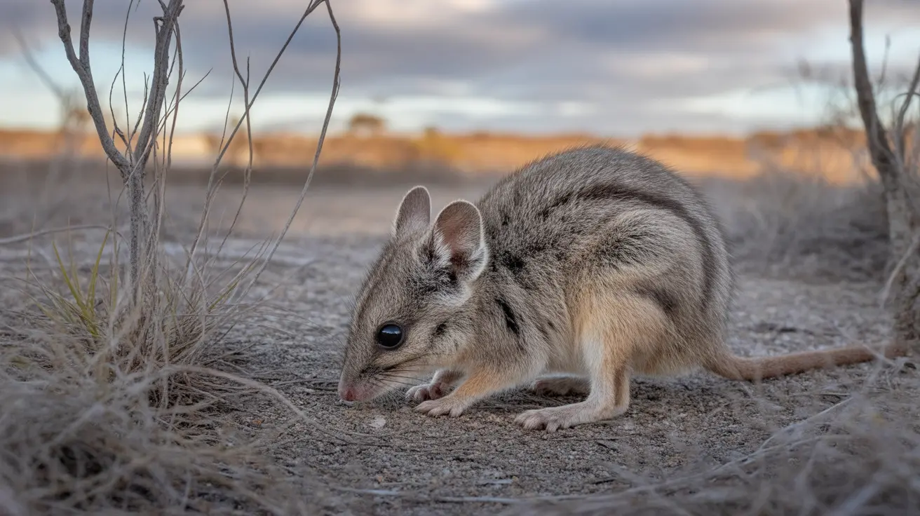 Kangaroo Island dunnart near predator-proof fence in natural habitat