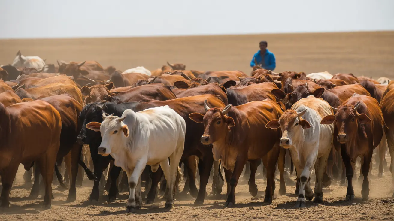青い服を着た人物が乾燥した土地を背景に多数の牛の群れを追跡している様子